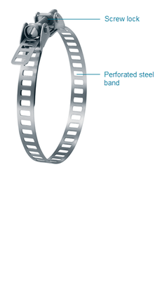 Silver 430SS Oetiker Universal Clamp with a perforated steel band and screw lock.