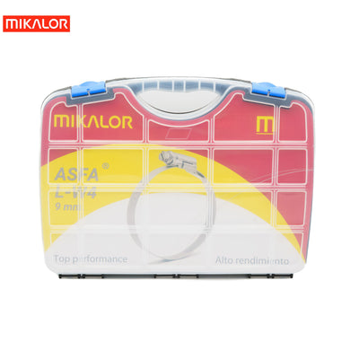 Mikalor ASFA-L W4 AISI 304 stainless steel worm drive hose clip assortment box with blue latches.