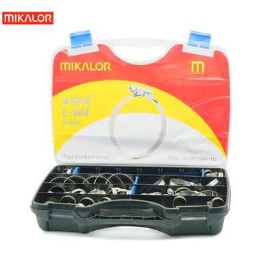 Mikalor ASFA-L W4 110-piece AISI 304 stainless steel worm drive hose clip assortment box, open.