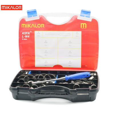 Mikalor ASFA-L W4 110-piece AISI 304 stainless steel worm drive hose clip assortment box with blue screwdriver.