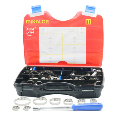 Mikalor ASFA-L W4 AISI 304 stainless steel worm drive hose clip assortment box with 110 clips and driver.