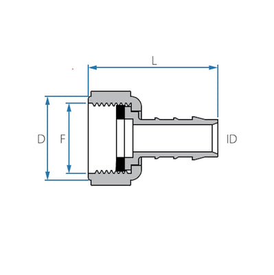Tefen PP Black BSP 3/4" Fem Swiv Conn +Washer - 19mm Tube ID-HCL Clamping UK/Europe