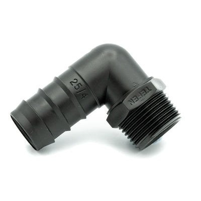 Tefen PP Black BSPT 1/4" Male Elbow Conn - Fits 12mm OD Hose-HCL Clamping UK/Europe