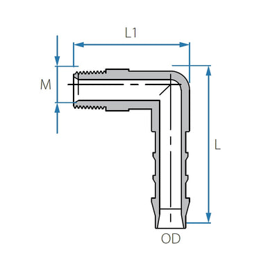 Tefen PP Black BSPT 3/4" Male Elbow Conn - Fits 25mm OD Hose-HCL Clamping UK/Europe