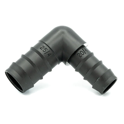 Tefen PP Black Reducing Elbow Conn - Fits 16mm & 12mm OD Hose-HCL Clamping UK/Europe