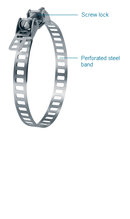 Silver 430SS Oetiker Universal Clamp with a perforated steel band and screw lock.