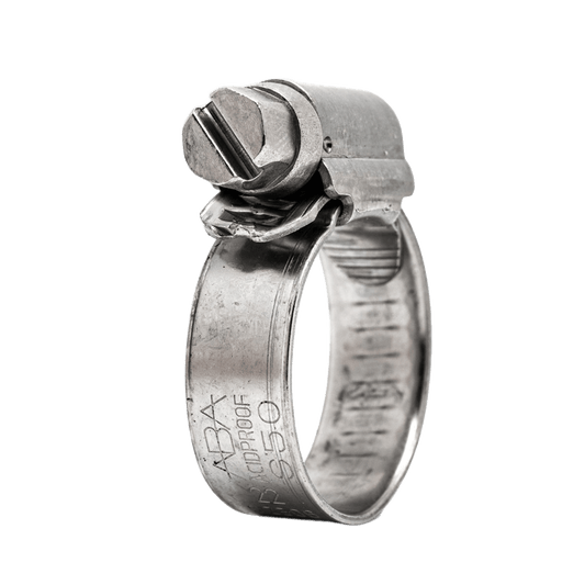 Silver ABA NOVA W5 worm drive hose clamp, 9mm band, 13-20mm diameter, made of SS 2343/AISI 316 stainless steel.