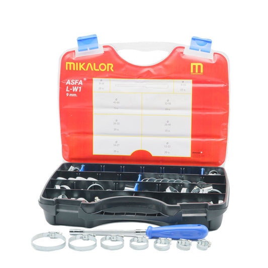Mikalor ASFA-L W1 9mm zinc-plated worm drive hose clip assortment box with 110 clips and a blue screwdriver.