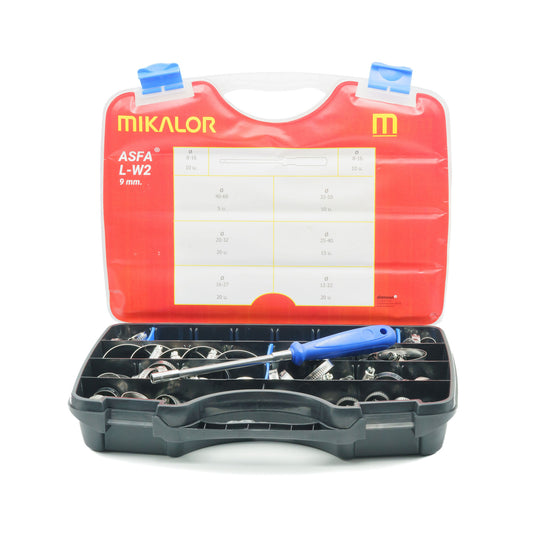 Mikalor ASFA-L W2 stainless steel hose clip assortment box with 110 pieces and screwdriver.
