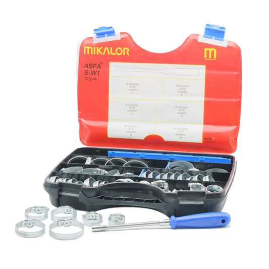 Mikalor ASFA-S W1 worm drive hose clip assortment box with 73 zinc-plated clips and a blue screwdriver.