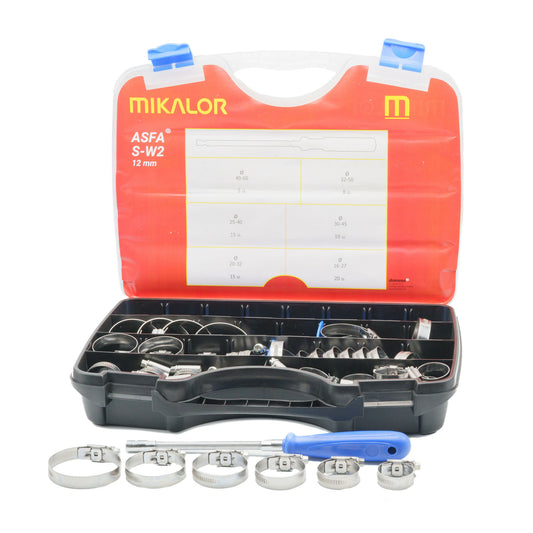 Mikalor ASFA-S W2 73-piece hose clip assortment box with stainless steel clamps and blue screwdriver.
