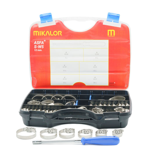 Mikalor ASFA-S W5 AISI 316 stainless steel worm drive hose clip assortment box with screwdriver.