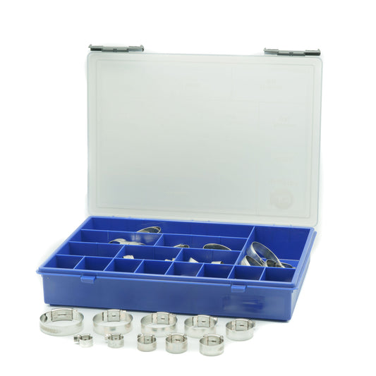 JCS Hi-Grip 76-piece W4 304SS stainless steel hose clip assortment box with various sizes.