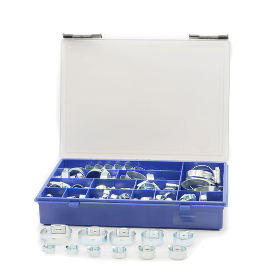 JCS Hi-Grip 135-piece zinc-plated hose clip assortment box with various sizes.