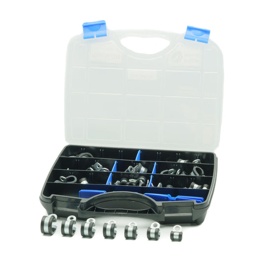 Mikalor 62-piece W1 zinc-plated steel P-clip assortment kit with black EPDM rubber lining in a clear case.