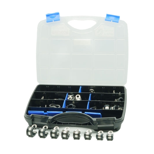 Mikalor W4 all-stainless steel rubber-lined P-clip assortment kit in an open black and clear case.