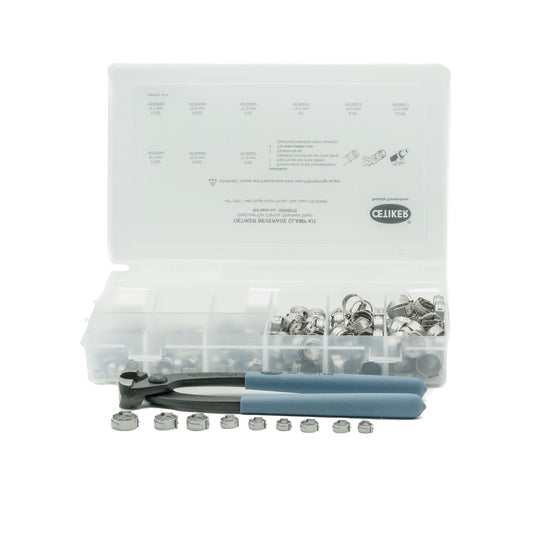 Oetiker 301-piece stainless steel beverage stepless ear hose clamp kit with blue-handled pincers.