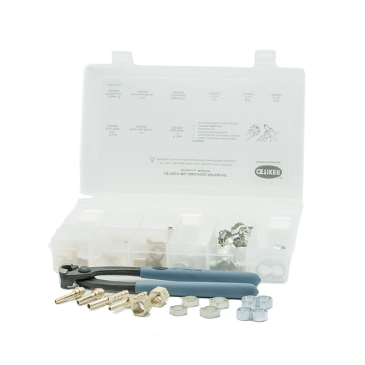 Oetiker 81-piece welding hose repair kit with brass fittings, silver clamps, and blue-handled pincers in a clear case.