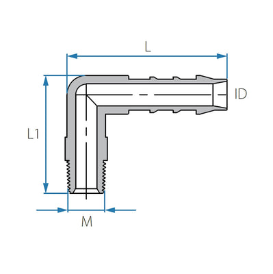 Tefen PA66 Blue BSPT 1/2" Male Elbow Conn - Fits 19mm Hose ID-HCL Clamping UK/Europe