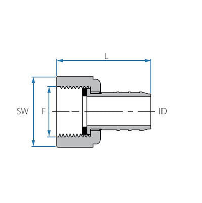 Tefen PP Black BSP 3/8" Fem Swiv Conn +Washer - 10mm Tube ID-HCL Clamping UK/Europe