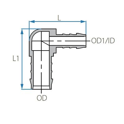 Tefen PP Black Reducing Elbow Conn - Fits 20mm 16mm OD Hose-HCL Clamping UK/Europe